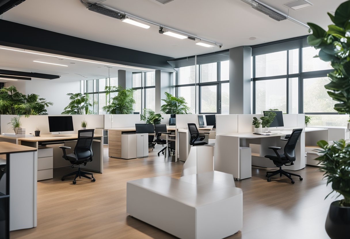 A sleek, open-concept office space with modular furniture, natural lighting, and integrated technology. Vibrant greenery and minimalist decor create a calming, productive atmosphere
