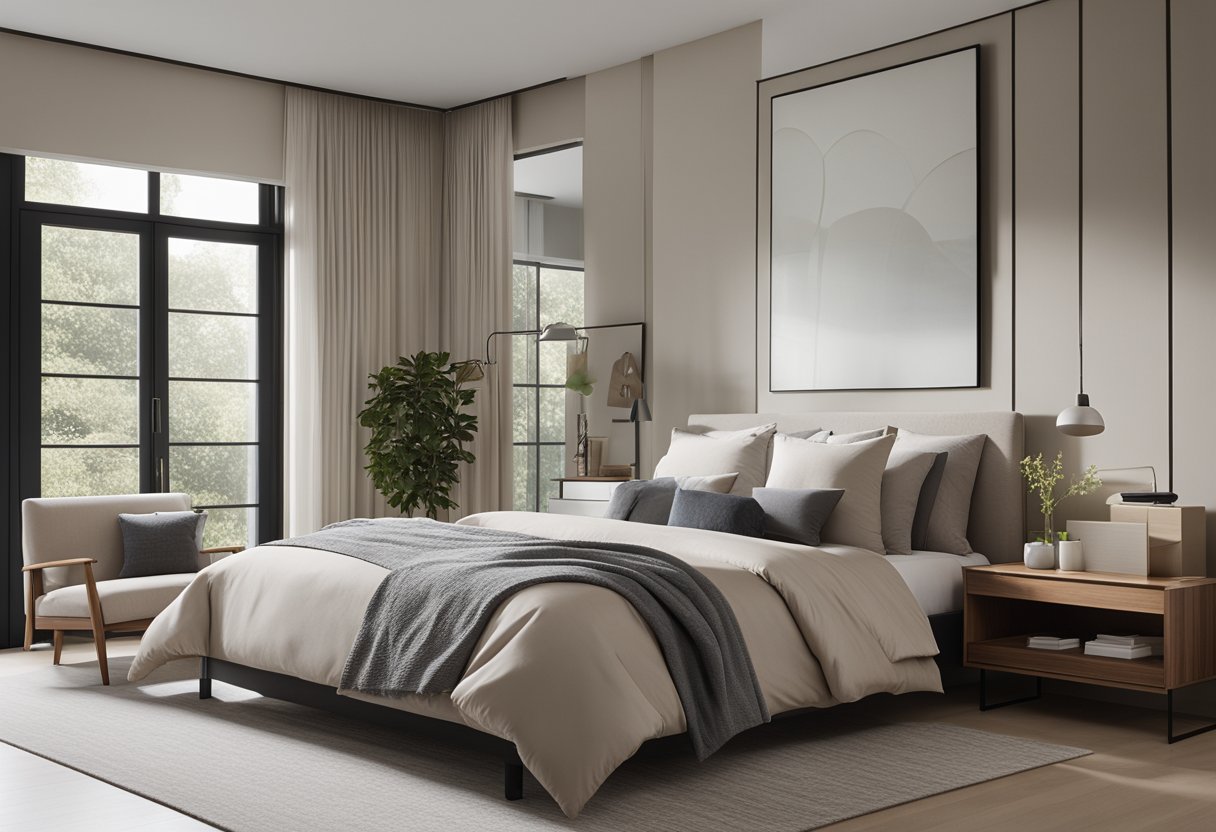 A modern bedroom with neutral tones, clean lines, and minimalistic furniture. Large windows allow natural light to fill the room, creating a serene and inviting atmosphere