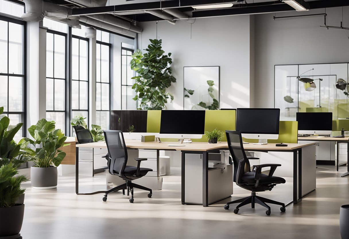 The conclusion office has modern furniture, clean lines, and natural light. The color scheme is neutral with pops of vibrant accent colors. Plants and artwork add a touch of warmth to the space