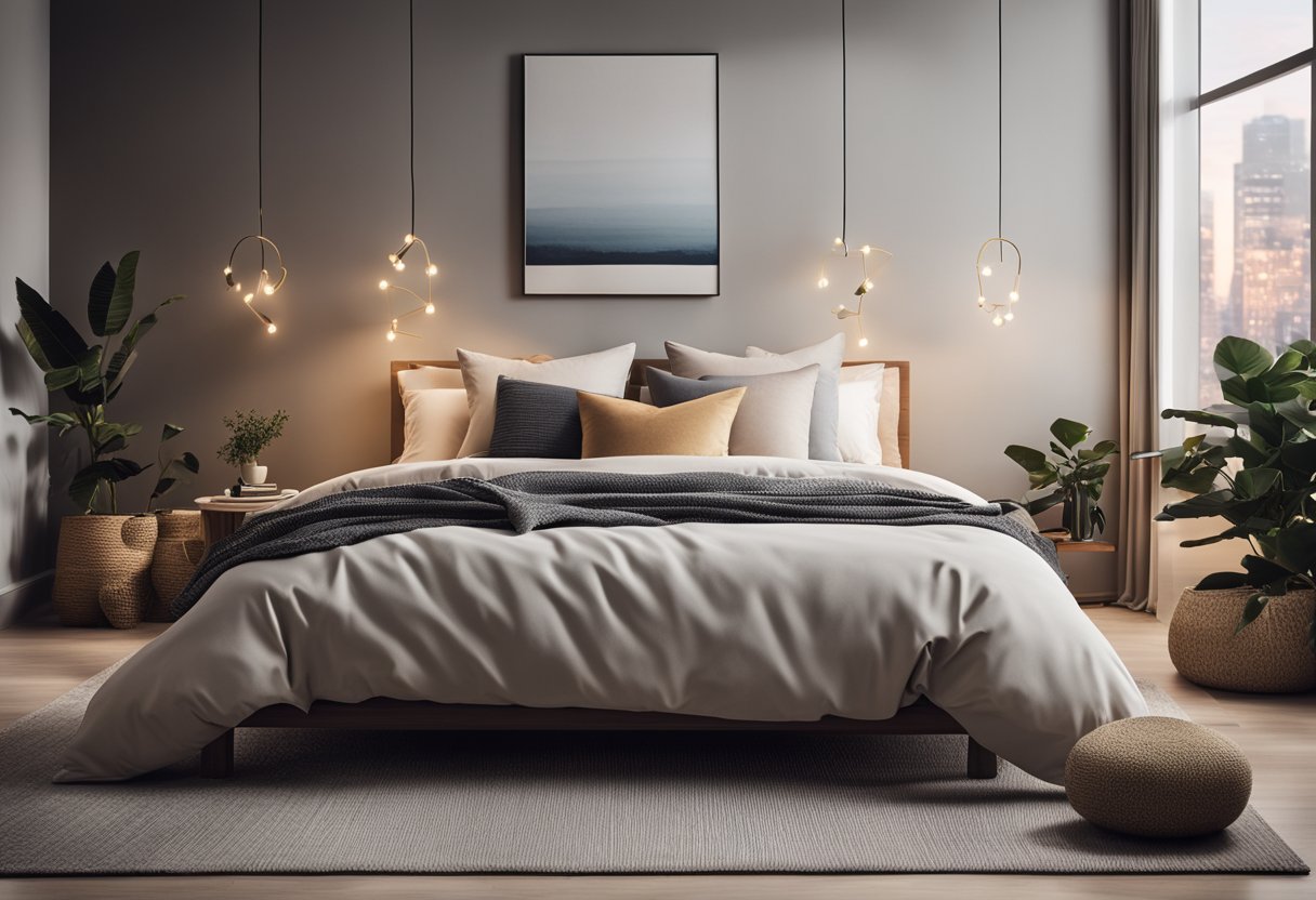 A cozy bedroom with a modern design, featuring a comfortable bed with plush pillows, a sleek nightstand with a reading lamp, and a stylish rug on the floor
