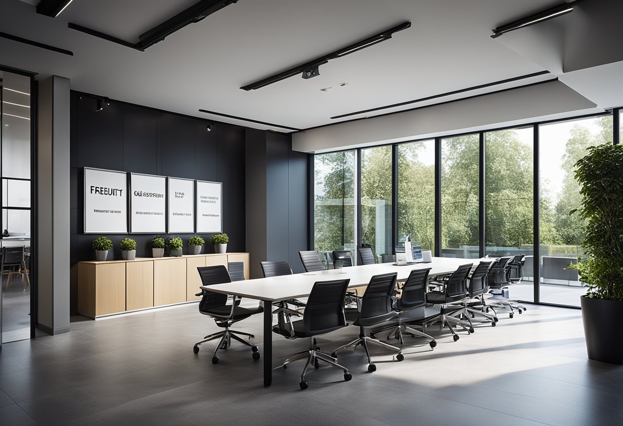 A modern office with sleek furniture, a clean and organized layout, large windows allowing natural light, and a prominent "Frequently Asked Questions" sign on the wall