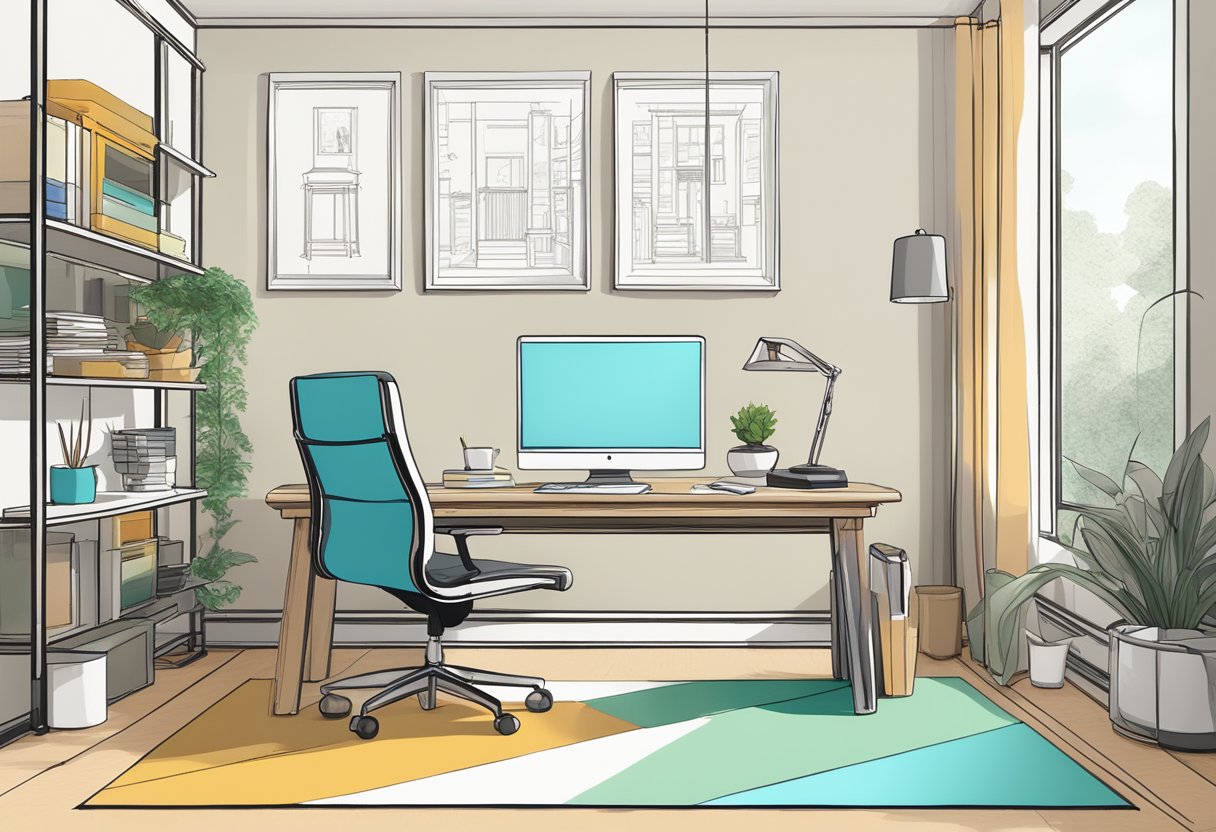 A computer screen displays an interior design software interface with various furniture and decor options. A desk and chair sit in the background, surrounded by design sketches and color swatches