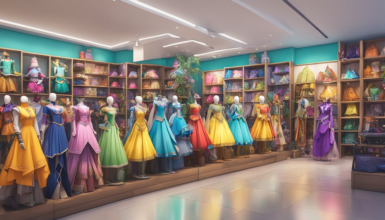A colorful array of cosplay costumes displayed in a vibrant Singaporean shop. Mannequins model intricate designs, while shelves hold an assortment of accessories and props