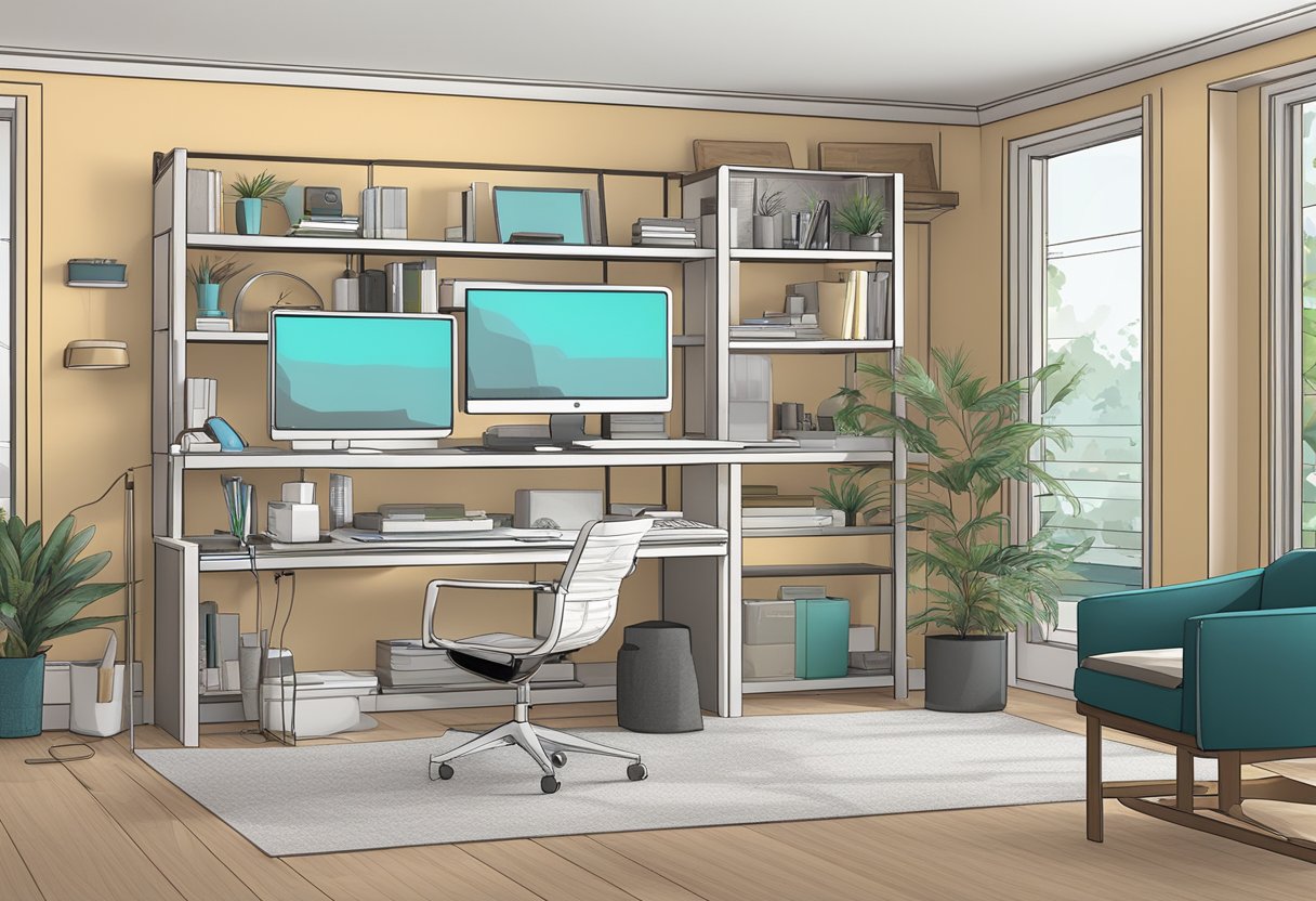 A computer screen displaying various interior design software tools, including 3D modeling, color palettes, and furniture libraries