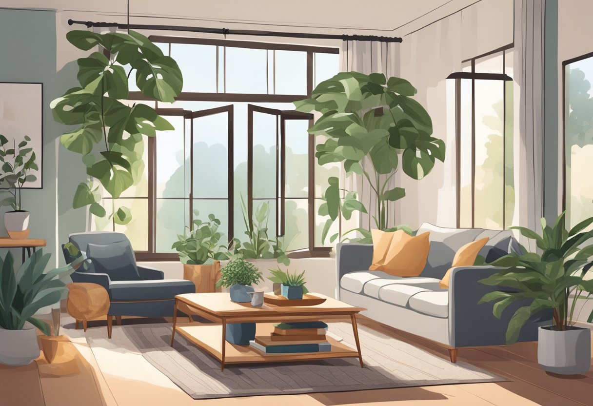 A cozy living room with a plush sofa, coffee table, and soft rug. Large windows let in natural light, highlighting the decorative accents and potted plants