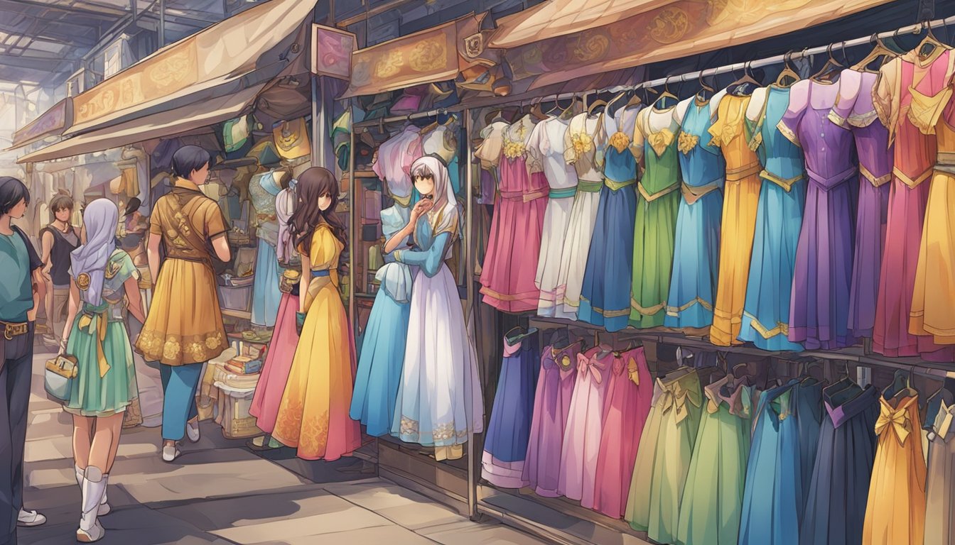 A bustling market stall displays colorful cosplay costumes in Singapore. Shoppers browse through racks of intricate outfits and accessories, while vendors showcase their latest designs