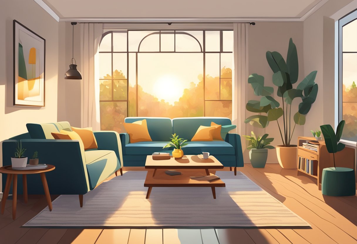 A cozy living room with a large, comfortable sofa, a coffee table, and a soft rug. Sunlight streams in through the window, casting a warm glow on the room