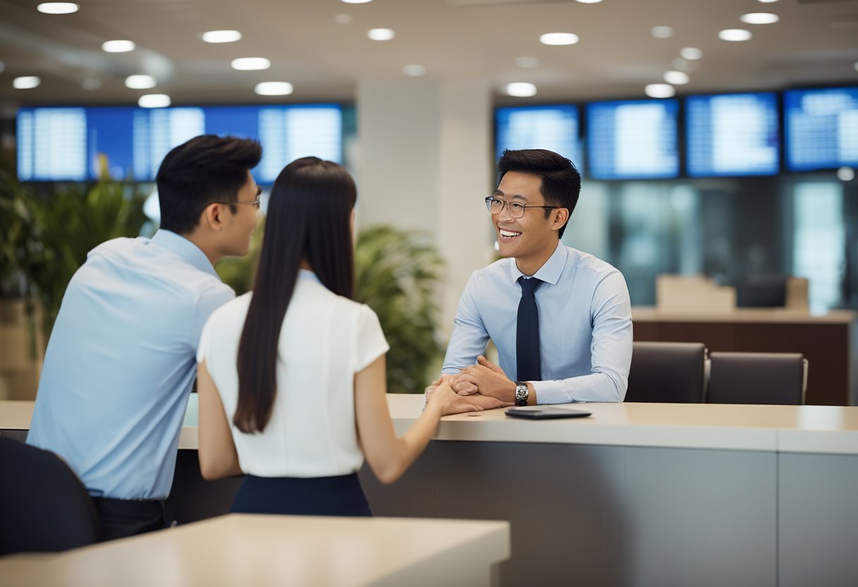 A couple discusses renovation loan options with a banker in a modern Singaporean bank branch
