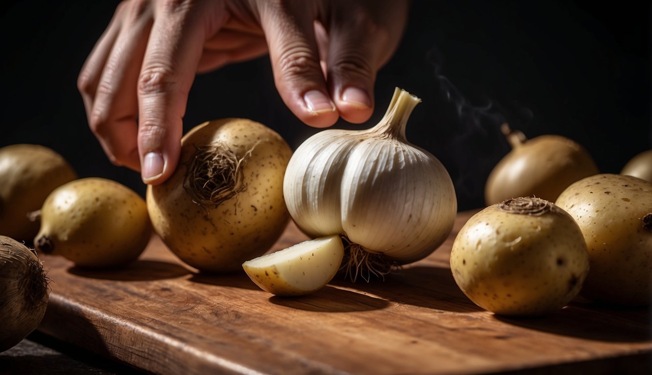A hand reaches for a garlic bulb and potato on a wooden cutting board