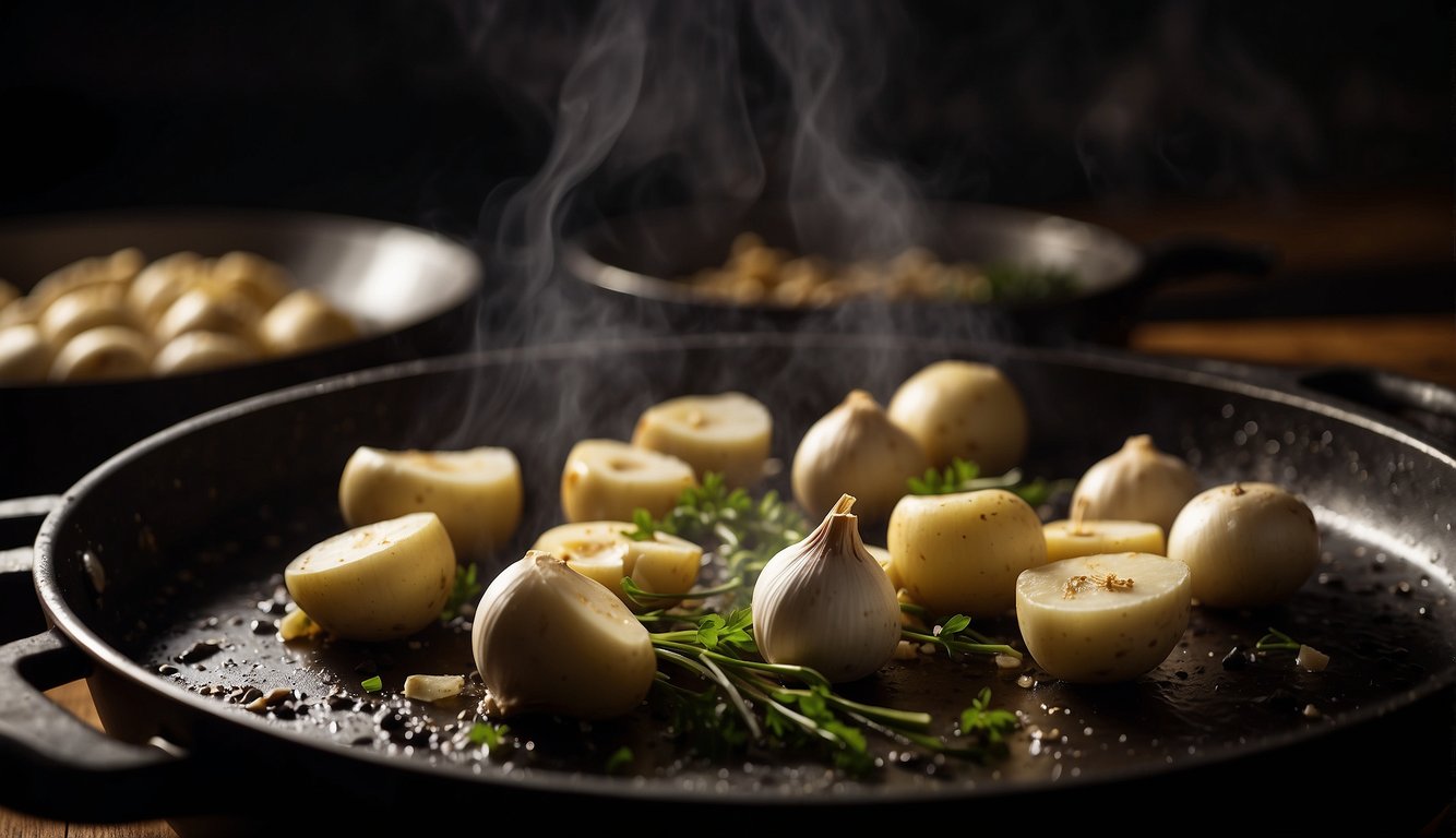 Garlic cloves sizzling in oil, as diced potatoes are added to the pan. Steam rises as the ingredients are tossed together over a hot stove