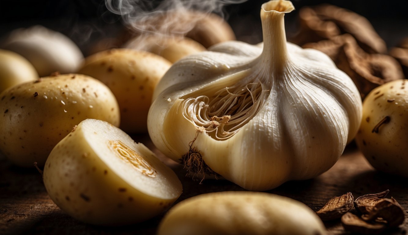 A garlic clove hovers over a steaming, golden-brown potato, releasing its aromatic essence