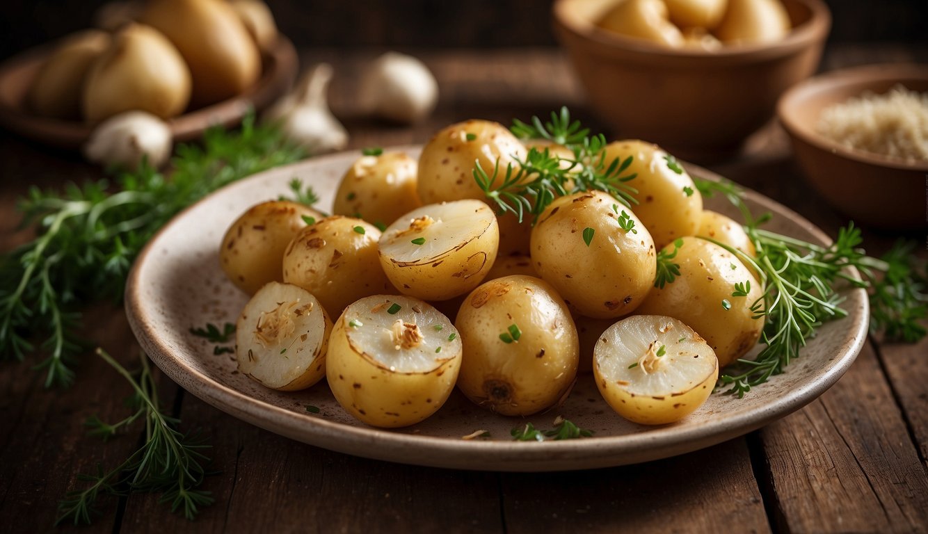 A plate of golden-brown garlic potatoes, garnished with fresh herbs, sits on a rustic wooden table