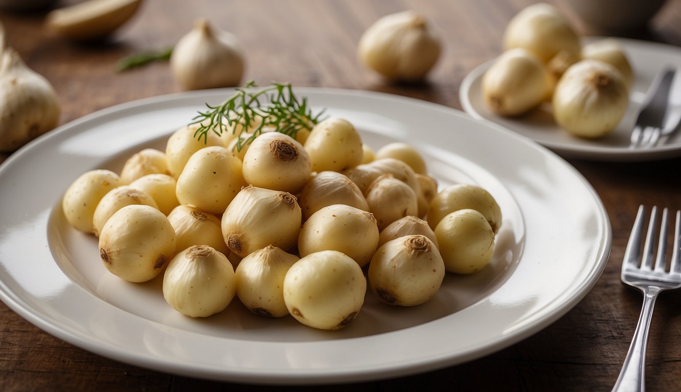 A garlic potato sits on a white plate with a fork next to it. A small card displays the nutritional information in clear, bold text