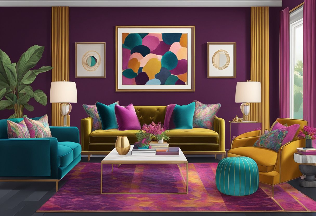 A cozy living room with plush, velvet sofas in rich jewel tones, a shaggy rug, and metallic accents. The walls are adorned with textured wallpaper, and large, vibrant artwork adds a pop of color