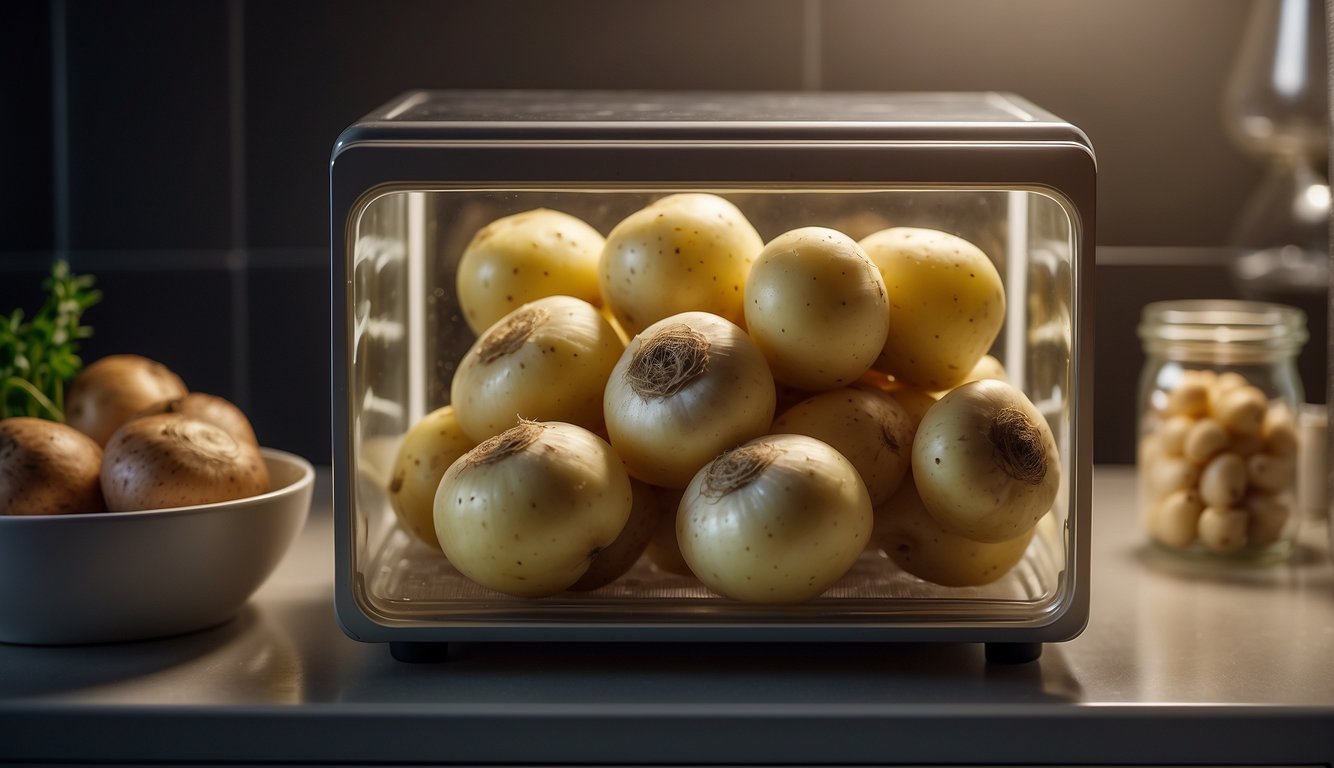 Garlic potatoes in a clear glass container being placed in a microwave