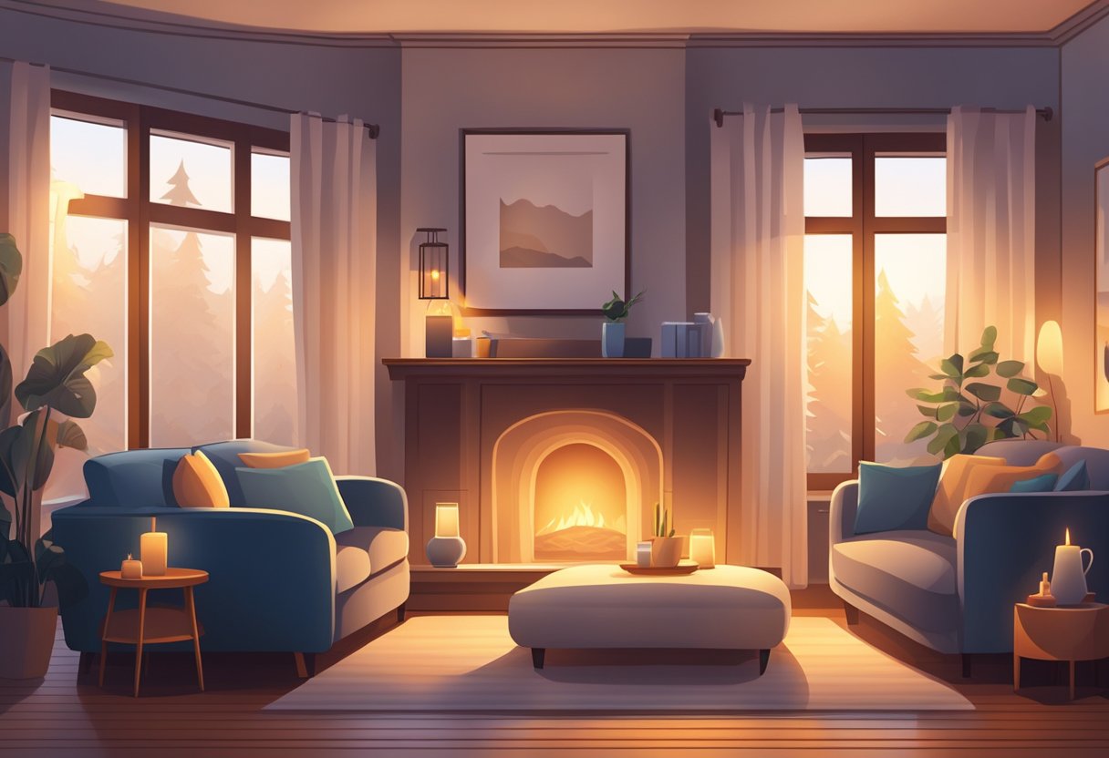 A cozy living room with warm, soft lighting. A fireplace flickers in the background, casting a gentle glow over the comfortable furniture and inviting atmosphere