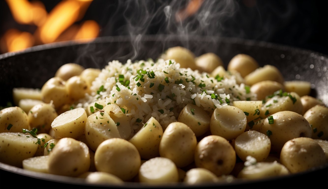 Garlic cloves being minced over a pile of diced potatoes in a sizzling pan