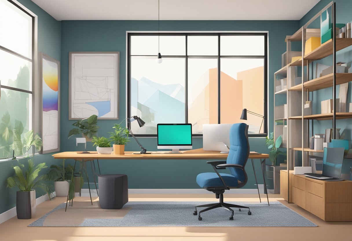 The room is modern with sleek furniture and a large computer screen displaying the Industry-Specific Solutions interior design software. A desk with drafting tools and a color palette sits nearby