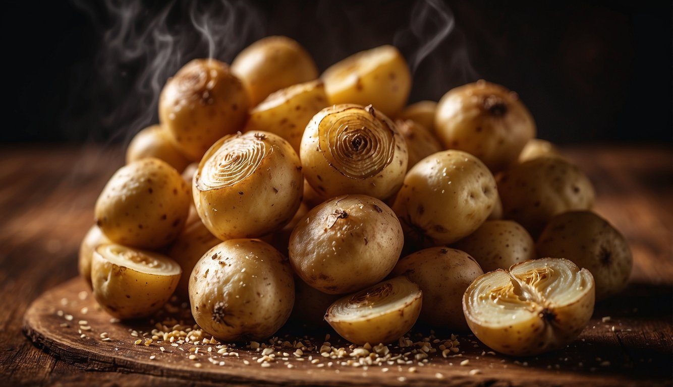 A pile of golden-brown roasted garlic potatoes sits on a rustic wooden table, steam rising from their crispy edges
