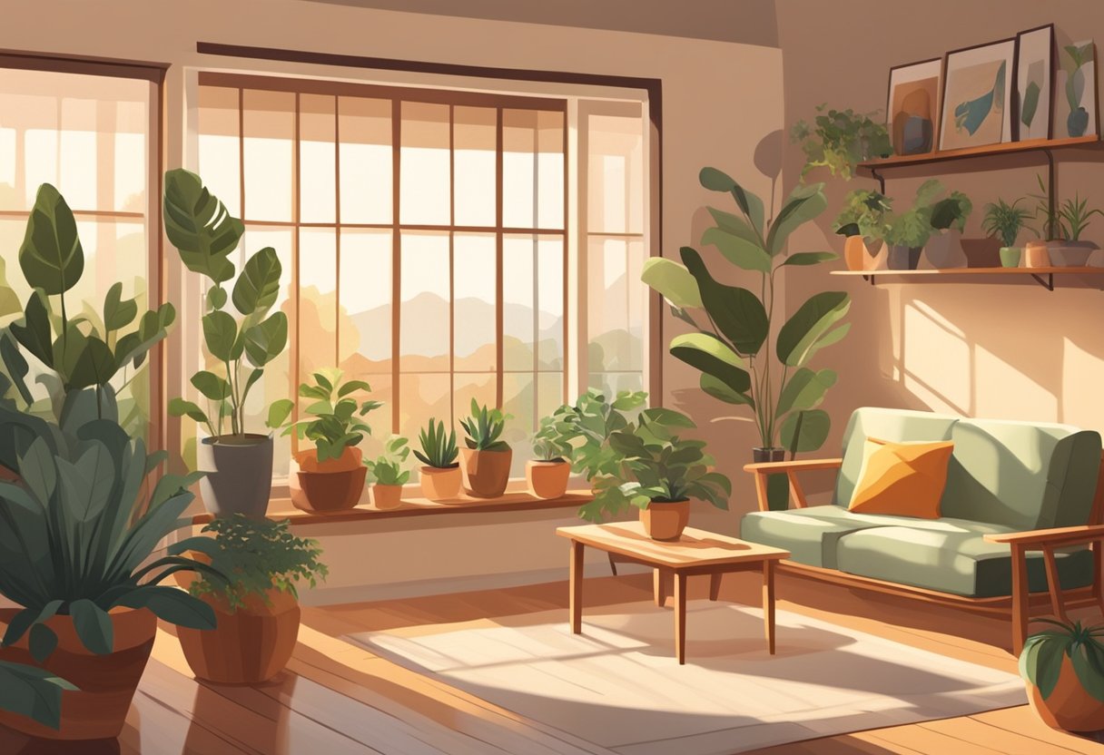 A cozy living room with large windows, potted plants, and natural wood furniture. Sunlight streams in, casting warm shadows on the earthy color palette