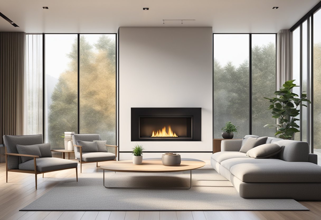 The living room features a modern fireplace, large windows with natural light, and minimalistic furniture with clean lines and neutral colors