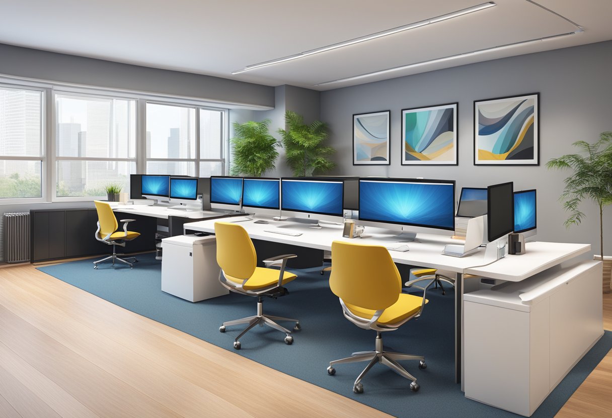 A spacious, modern office with sleek furniture and large computer screens displaying the Comprehensive Software Suites interior design software