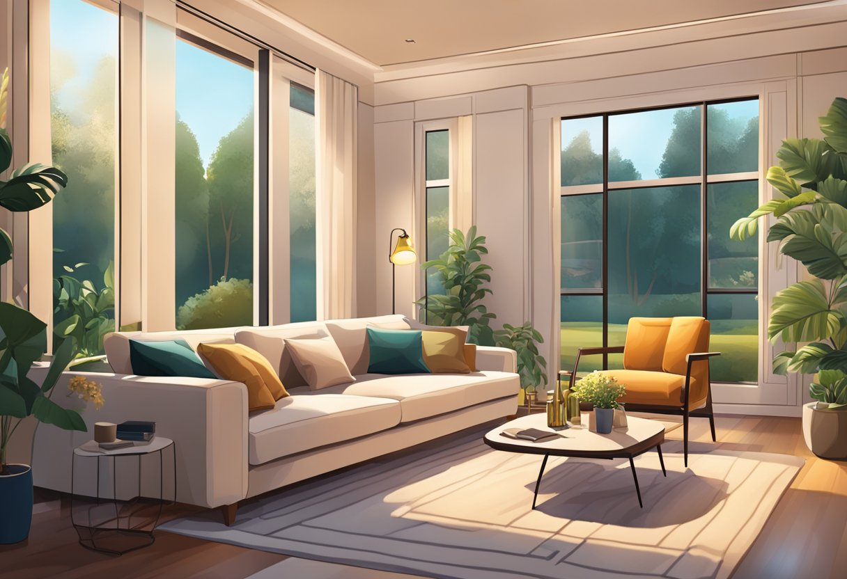 A cozy living room with modern furniture, warm lighting, and large windows overlooking a lush garden