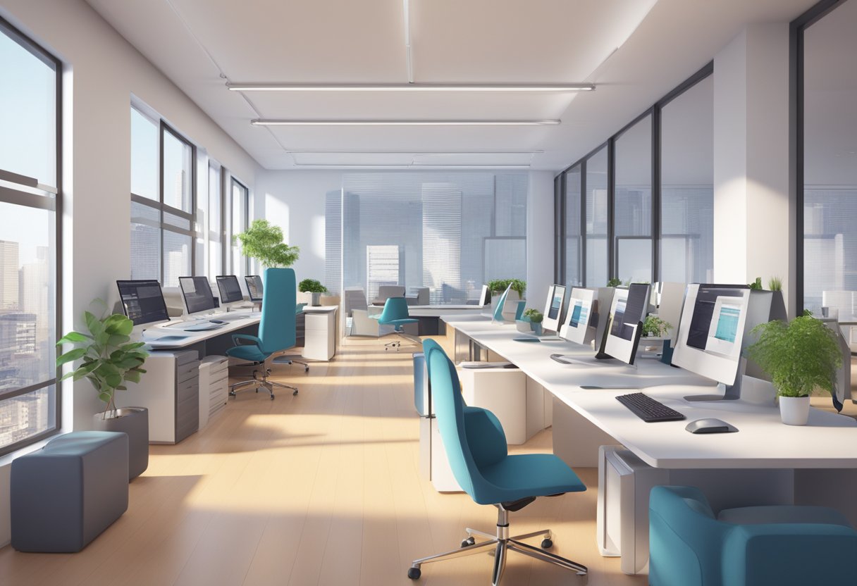 A sleek, modern office space with computer screens displaying 3D interior design software. A designer is using a digital tablet to create a virtual room layout