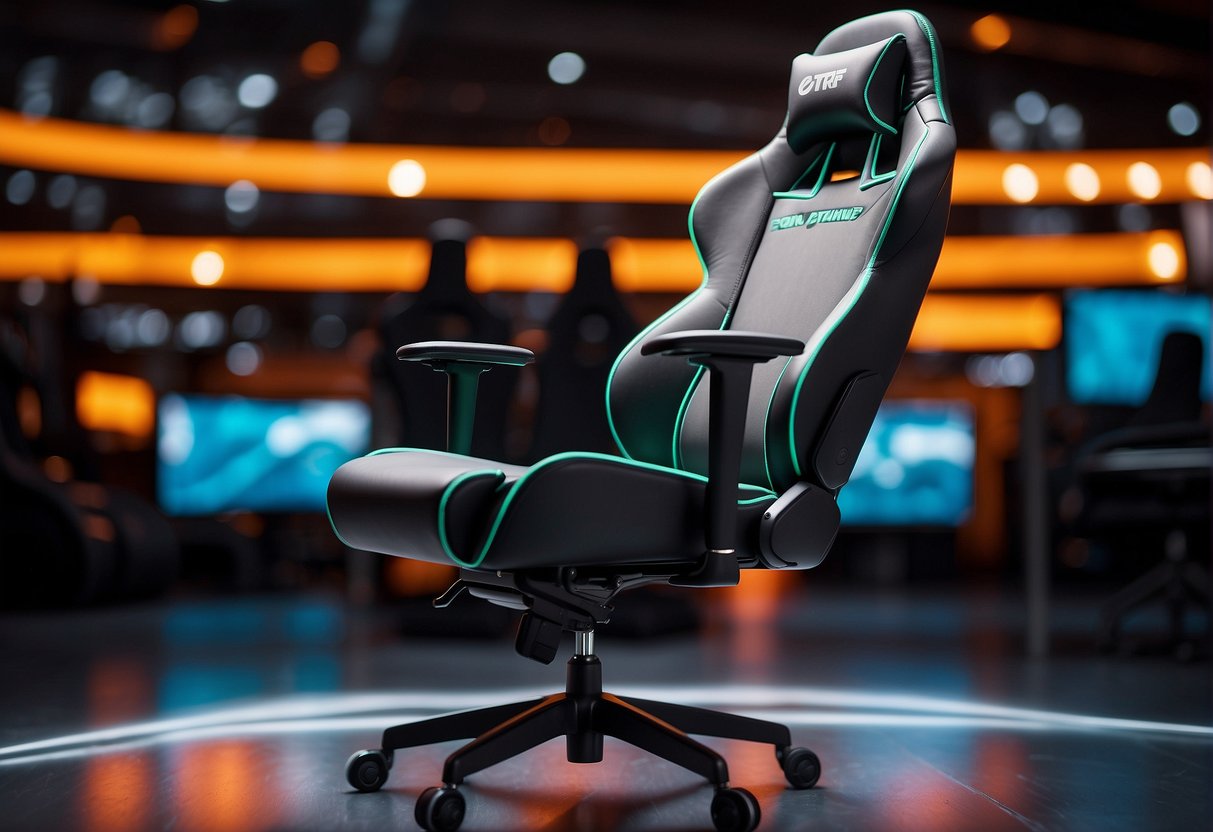 A sleek, ergonomic gaming chair with adjustable armrests and a high-back design, featuring vibrant custom branding and color accents