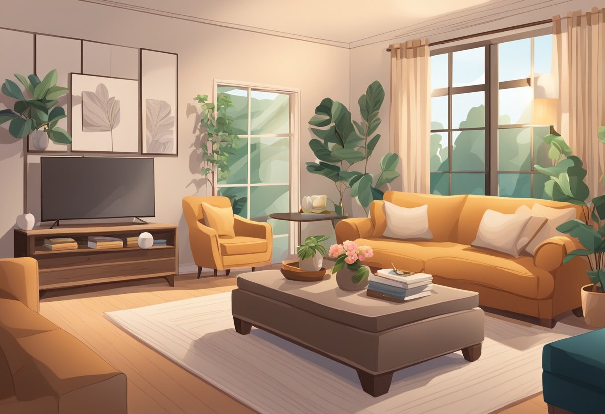 A cozy living room with warm lighting, plush furniture, and decorative accents, creating a welcoming and comfortable atmosphere