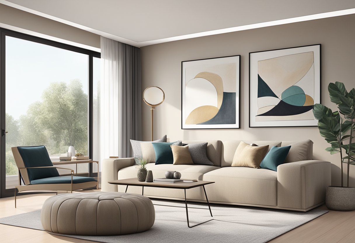 A modern, minimalist living room with neutral tones, sleek furniture, and global decor accents. Large windows let in natural light, and a statement piece of art adorns the wall