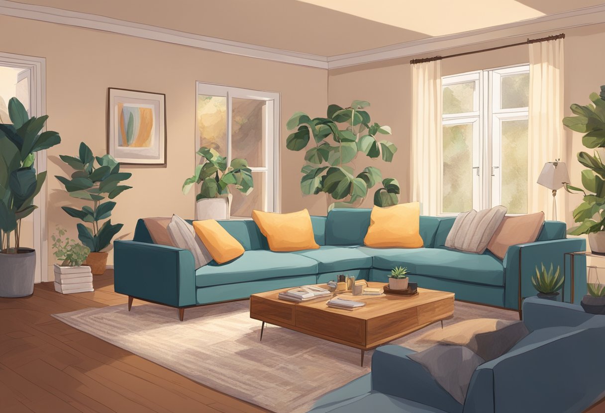 A cozy living room with a large, plush sofa, a coffee table, and soft, warm lighting. The walls are adorned with art, and there are potted plants scattered throughout the room