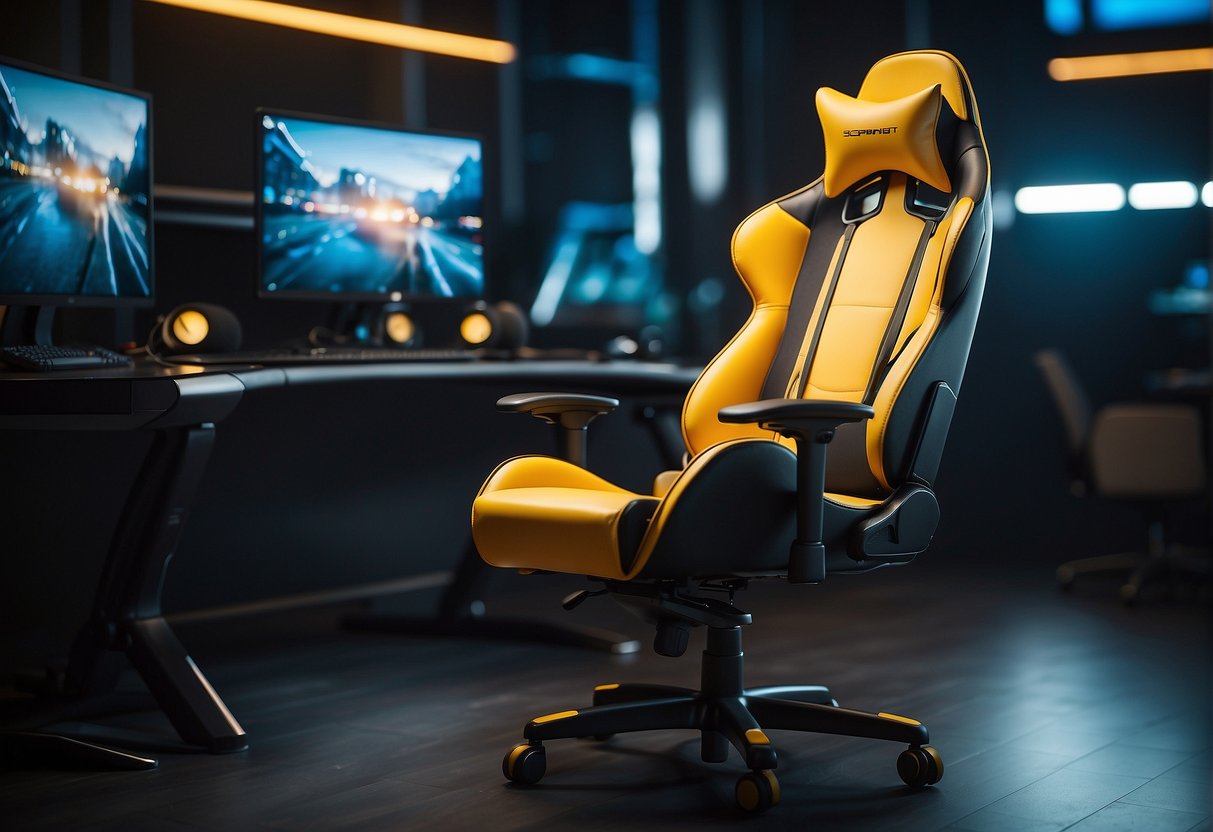 A gaming chair with adjustable armrests and lumbar support, featuring customizable color options and ergonomic design for comfort and style