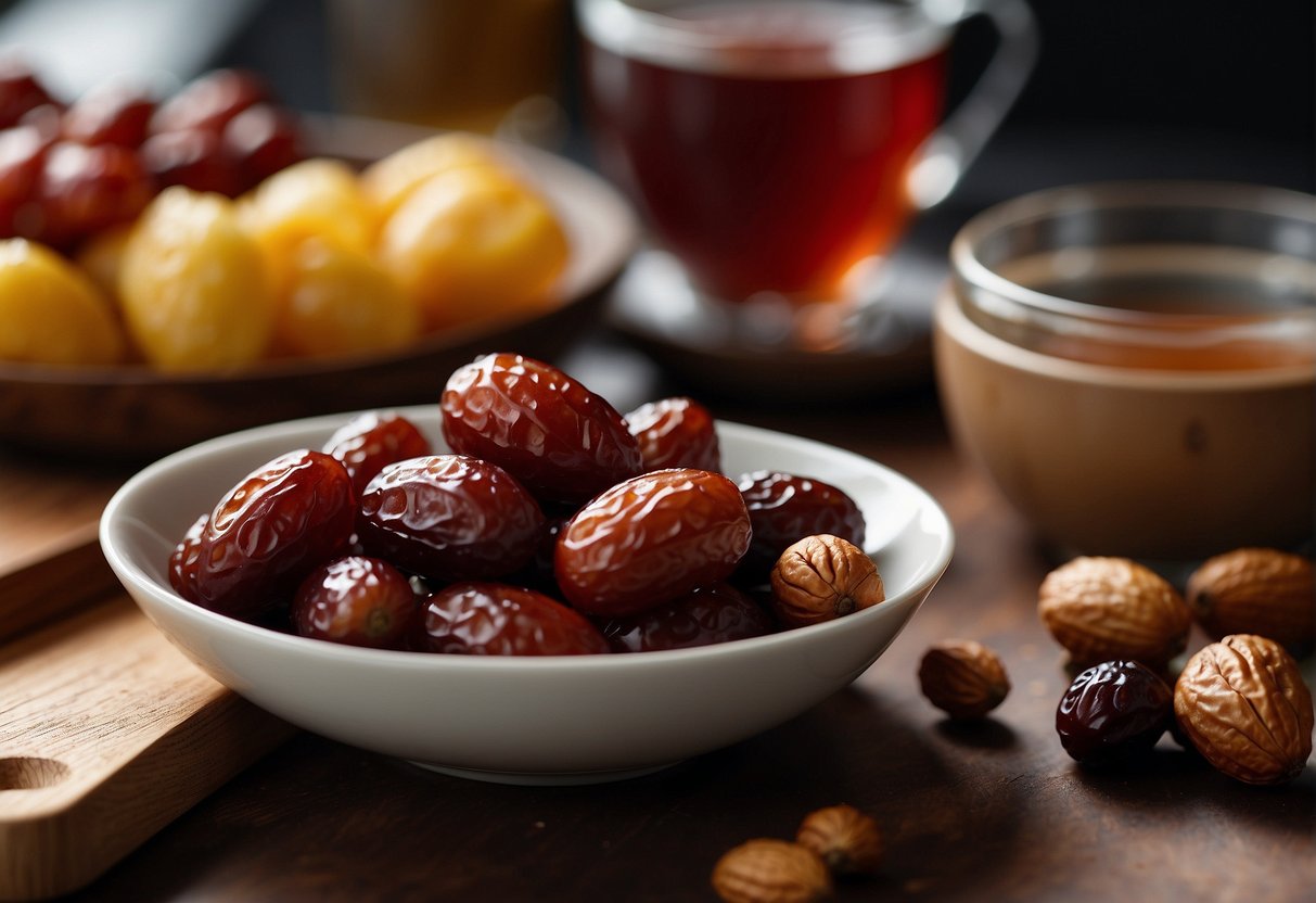 Red dates scattered across a wooden cutting board, surrounded by fresh ingredients like ginger, honey, and nuts. A bowl of red date tea steaming in the background