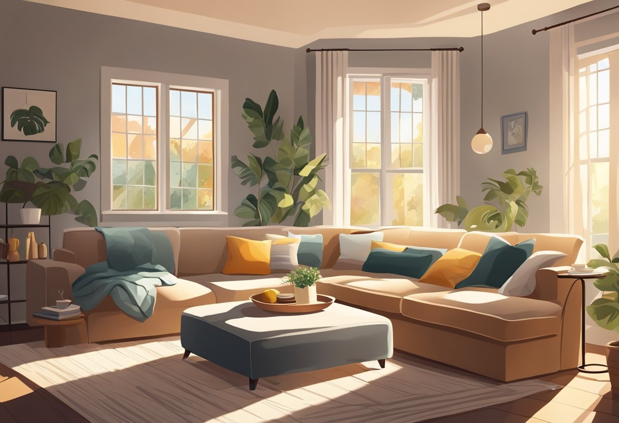 A cozy living room with a large, plush sofa, a coffee table, and a soft rug. Sunlight streams in through the windows, casting warm shadows on the walls