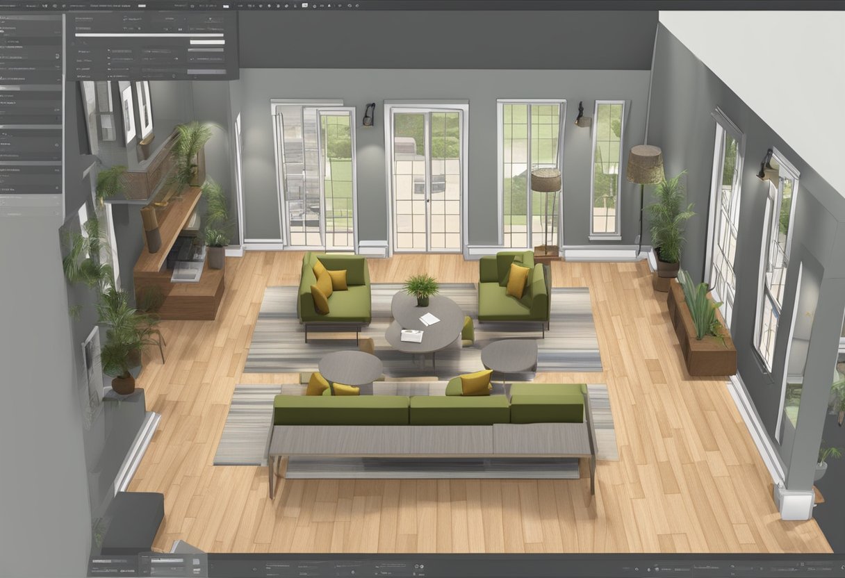 The interior design software interface displays various tools and options for creating floor plans, furniture layouts, and color schemes