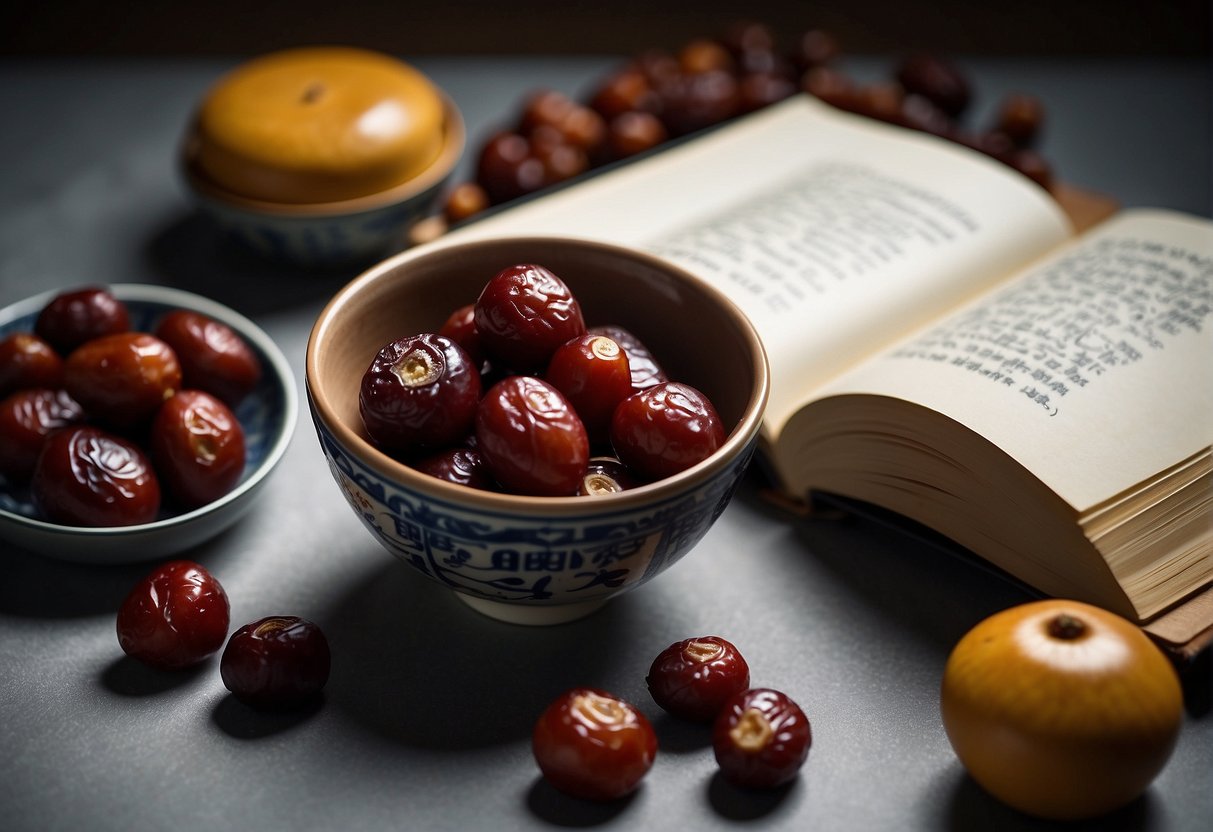 A bowl of Chinese red dates surrounded by recipe books and cooking utensils
