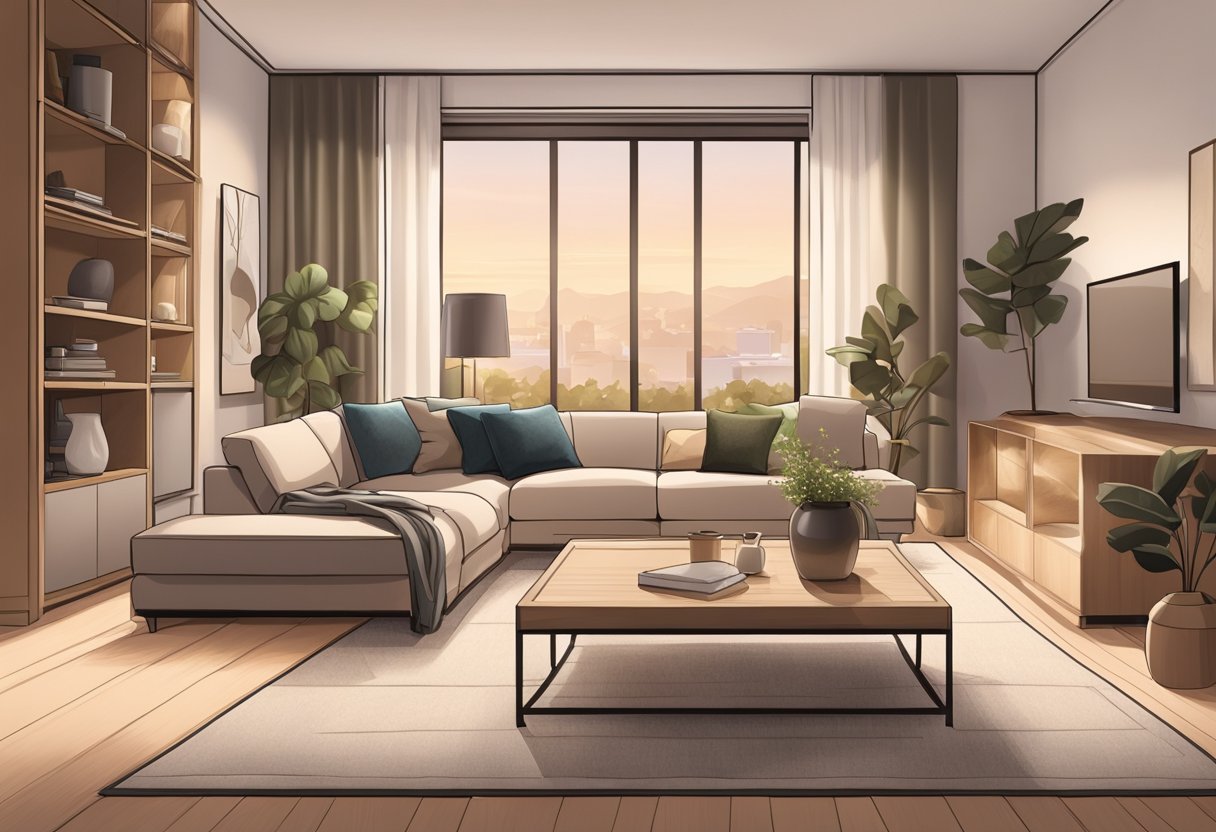 A cozy living room with modern furniture, soft lighting, and a neutral color palette. A large, comfortable sofa sits opposite a sleek TV stand, while a plush rug ties the room together
