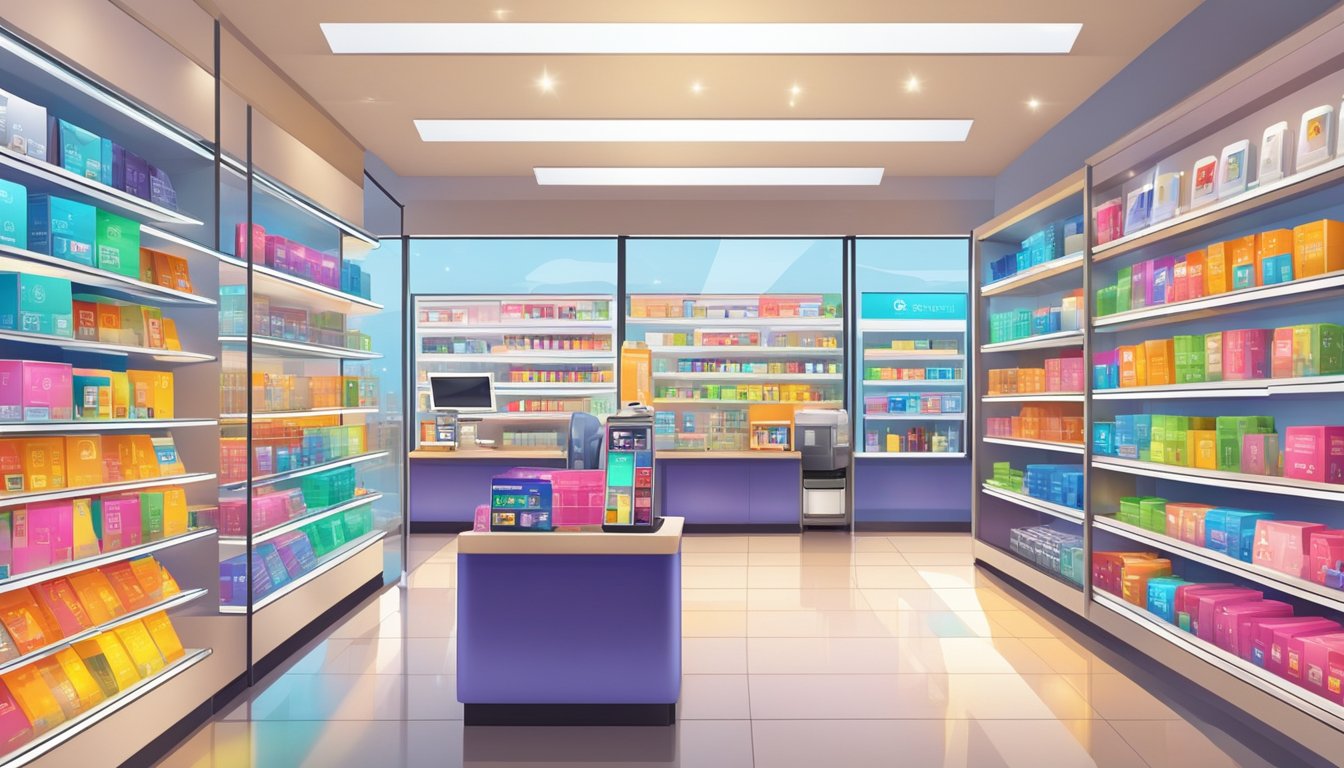 A bright, modern store with shelves of colorful data sim cards, a customer service desk, and a digital display advertising the latest deals in Singapore