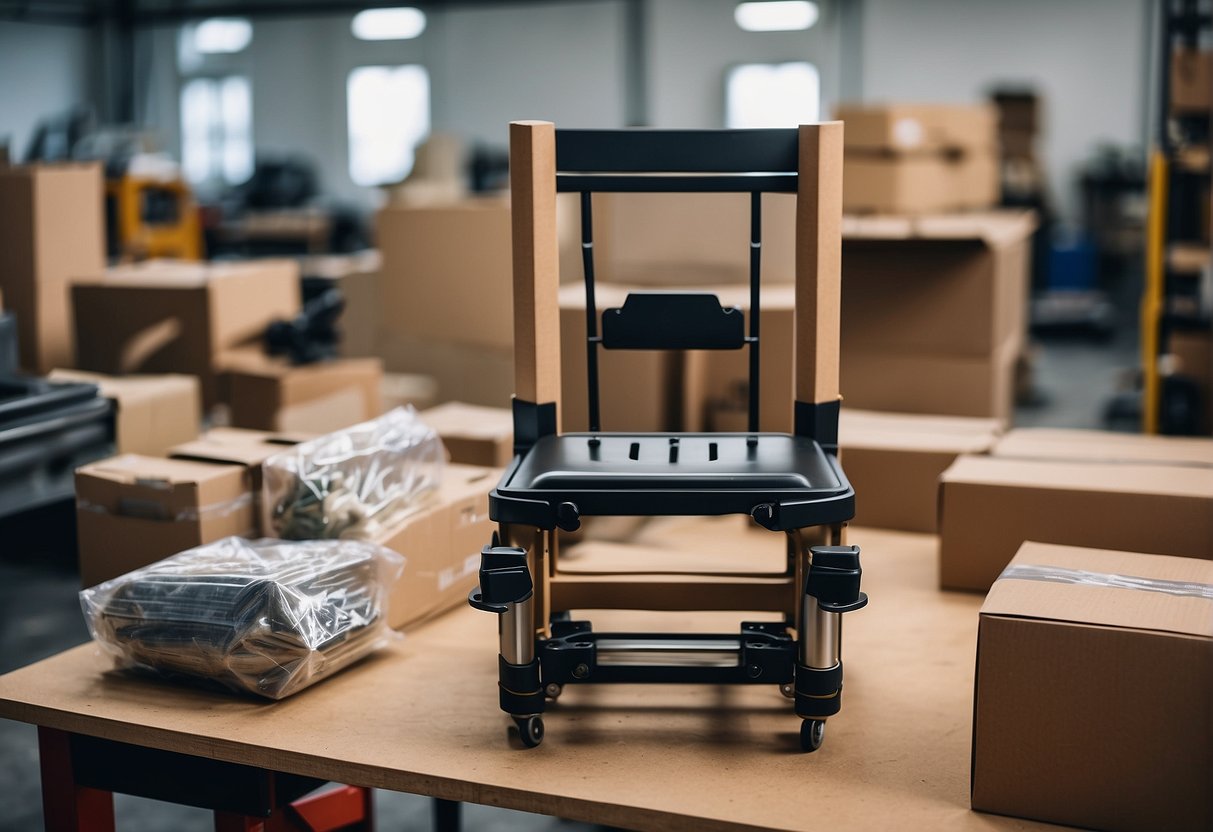 A chair being assembled and packaged in a workshop, with tools and materials laid out on a workbench. A shipping label and packaging materials are nearby