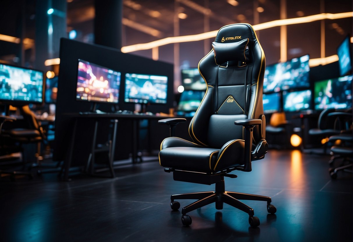 A custom gaming chair with ergonomic design and adjustable features, surrounded by a team of customer care representatives assisting gamers with their inquiries and providing top-notch service
