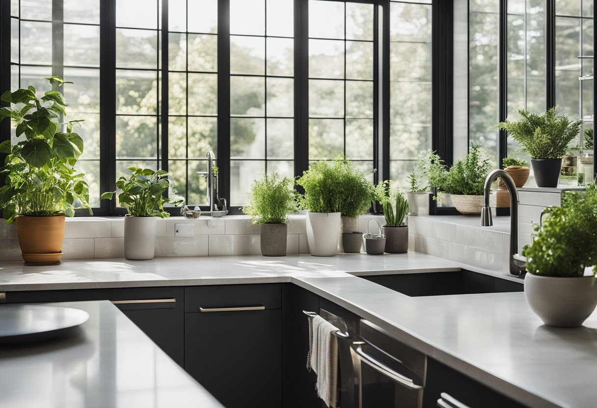 A bright, modern kitchen with sleek cabinets, stone countertops, and stainless steel appliances. A large window lets in natural light, and potted herbs sit on the windowsill
