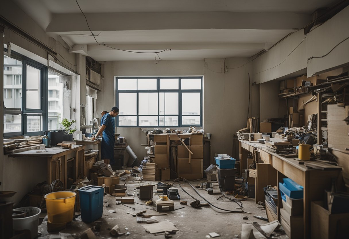A cluttered room with tools and materials scattered about, walls stripped bare, and workers diligently renovating a HDB apartment