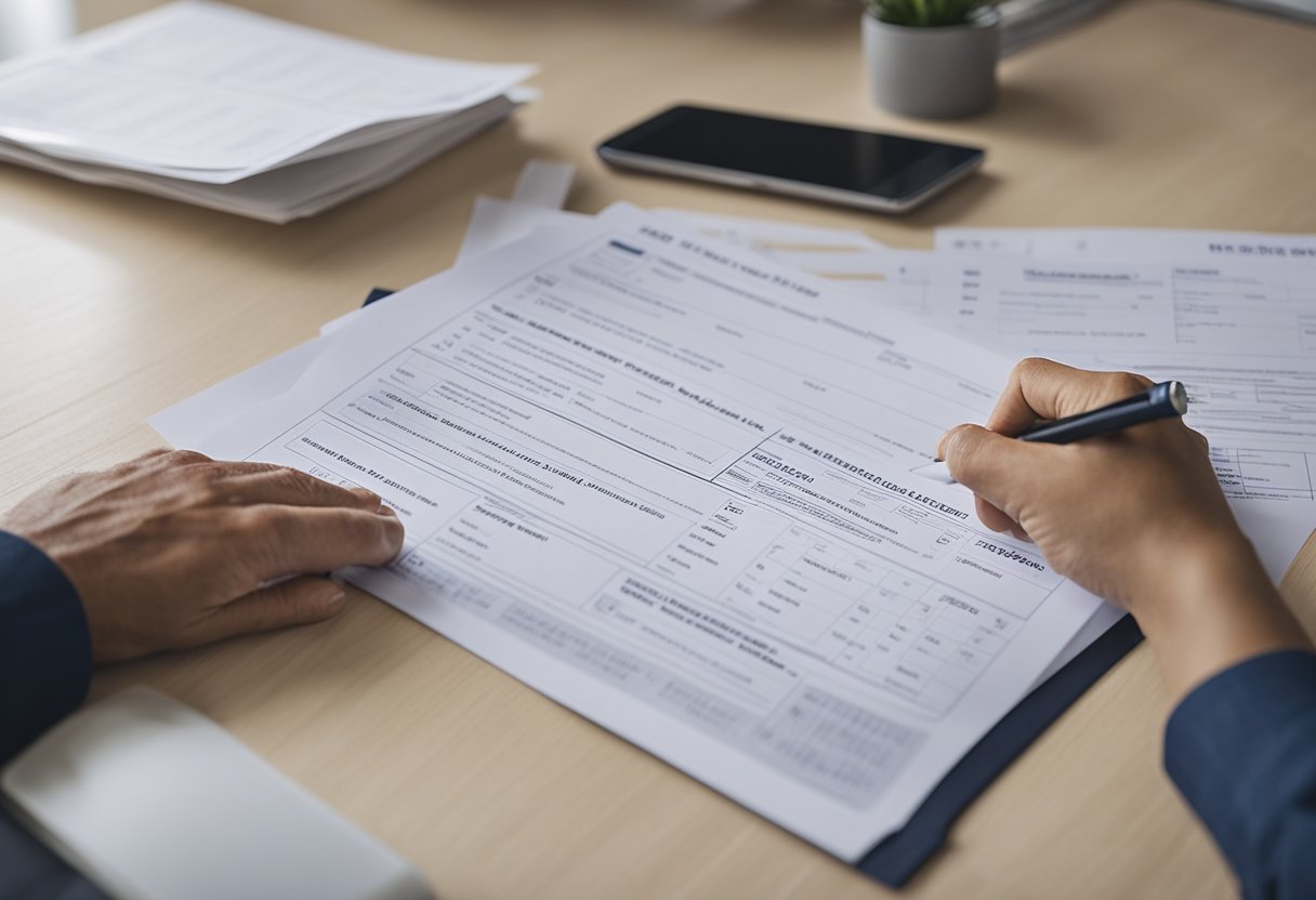 A homeowner submits a permit application to HDB for renovation work. A checklist of required documents is displayed, including floor plans and contractor details