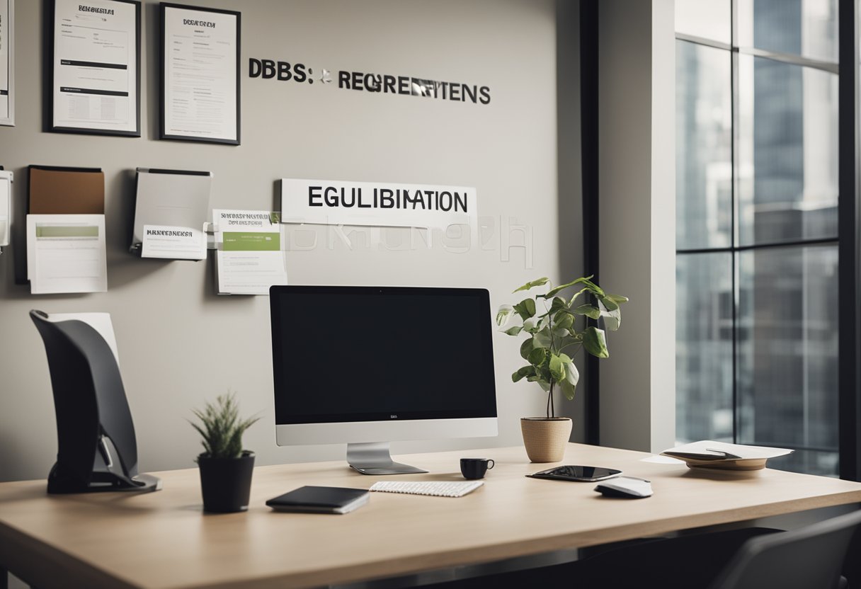 The scene depicts a modern office with a desk, computer, and paperwork. A sign on the wall reads "Eligibility and Requirements for DBS Renovation Loan."