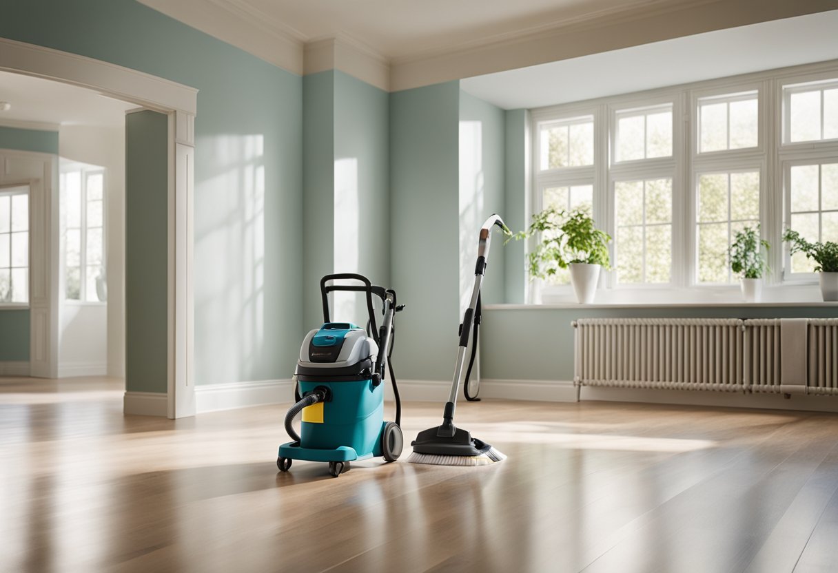 A bright, spacious room with freshly painted walls, gleaming floors, and newly installed fixtures. Cleaning supplies and equipment are neatly organized, ready to tackle the final touches of post-renovation cleaning