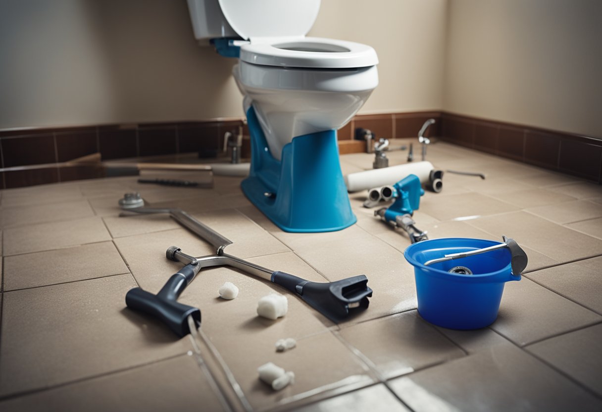 A toilet being removed from the floor, pipes and plumbing exposed, with tools and materials scattered around the room