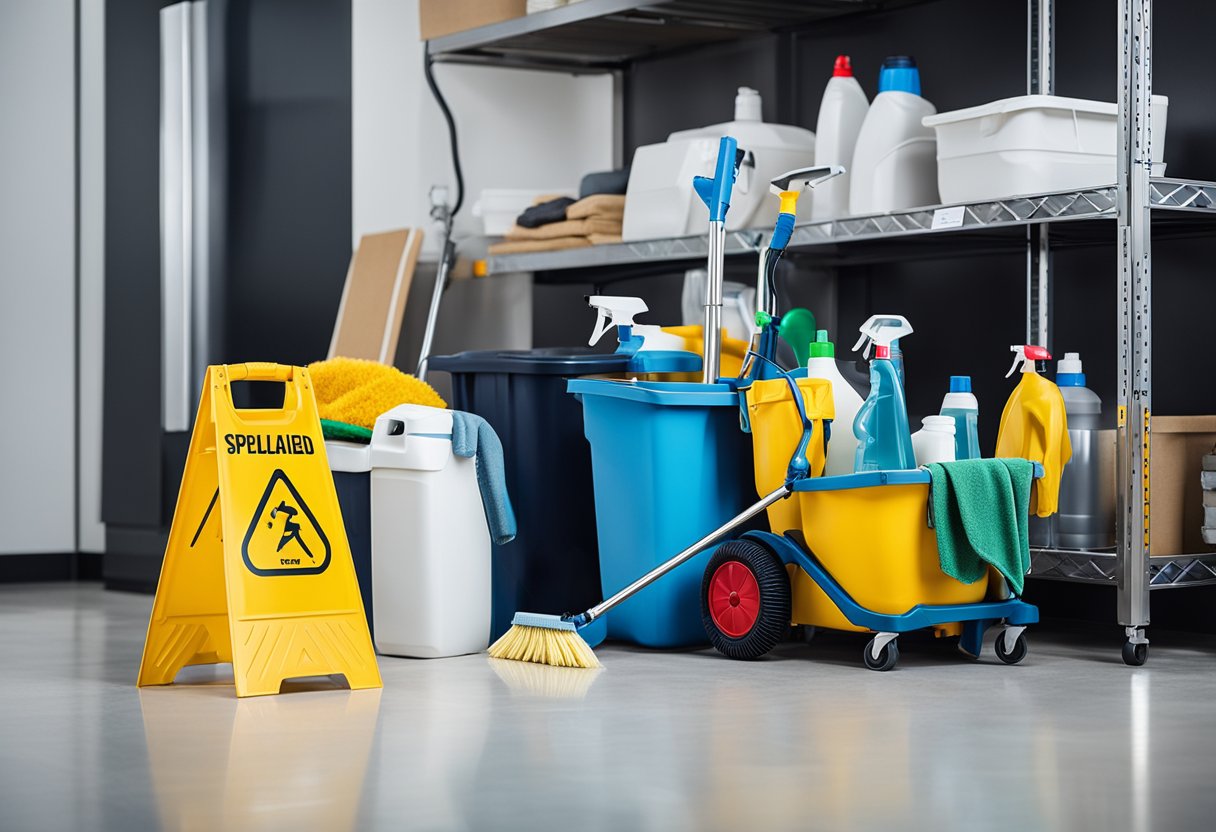 Specialized cleaning equipment and supplies arranged neatly in a freshly renovated space