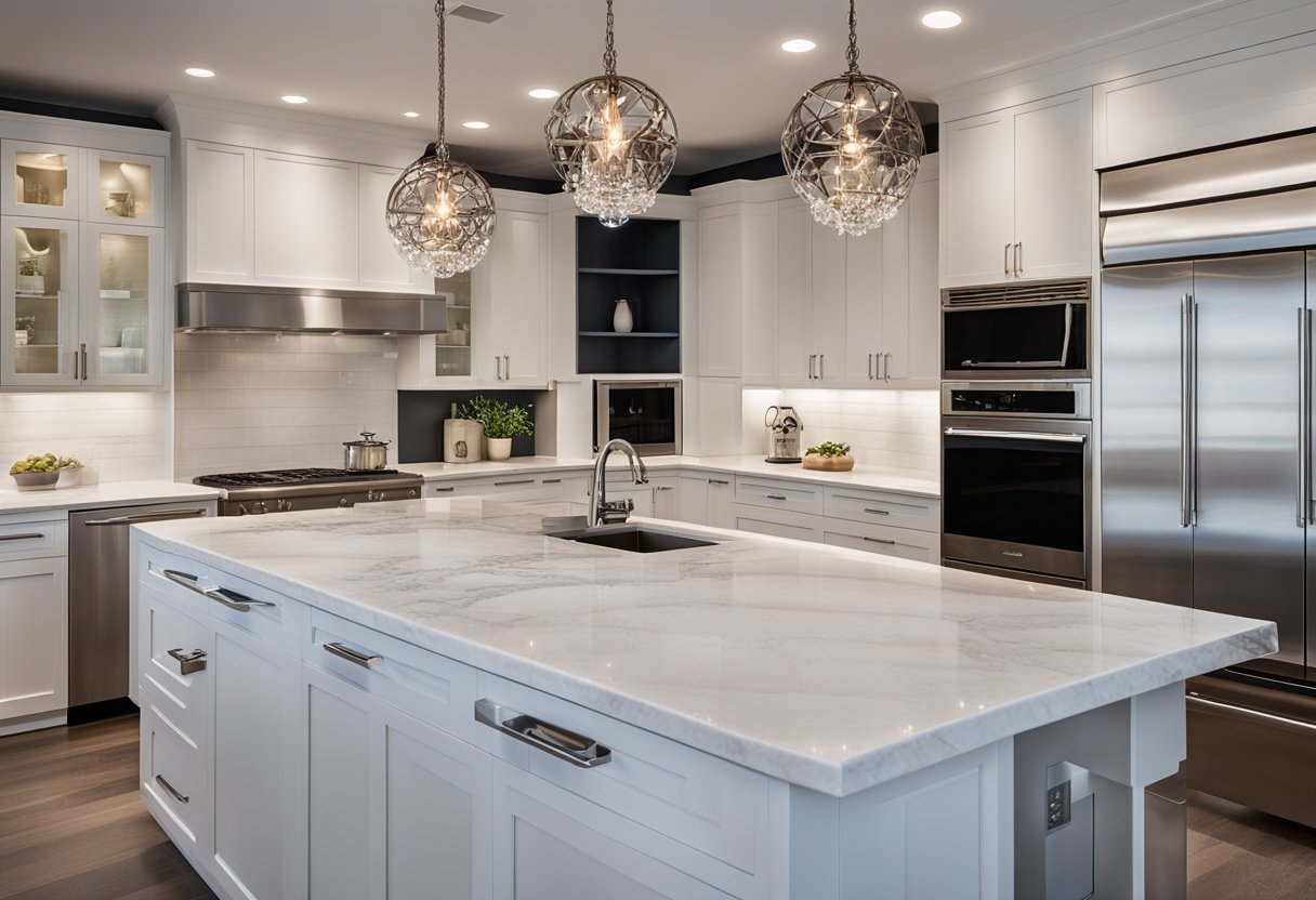 A modern kitchen with sleek white cabinets, marble countertops, and stainless steel appliances. A large island with a built-in sink and pendant lighting above