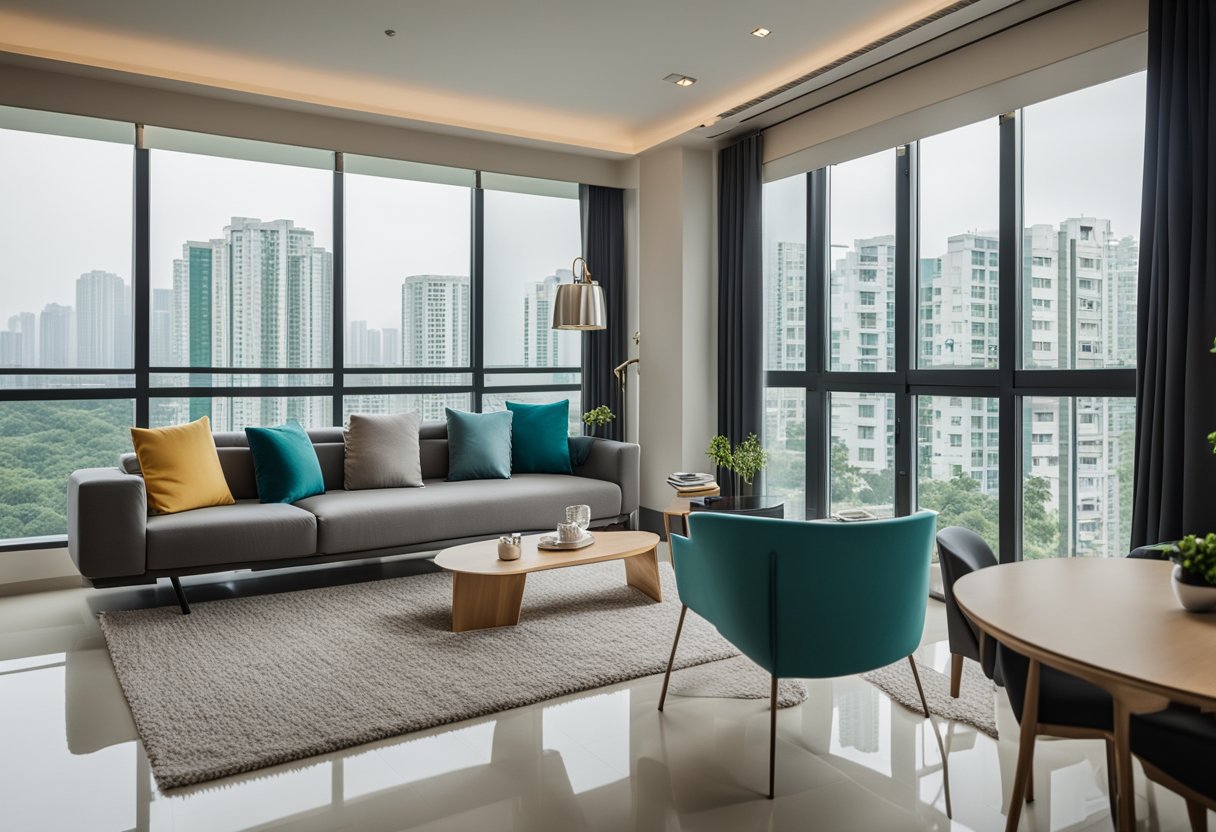 A modern HDB interior with sleek furniture, vibrant accent colors, and ample natural light streaming in through large windows